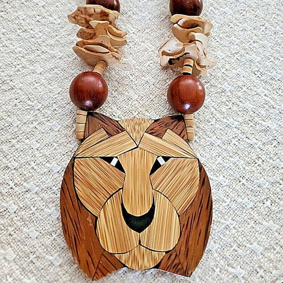 Unique & Unusual Inlaid Wood Lion Beaded Statement Necklace ~ Handcrafted - Picture 1 of 6